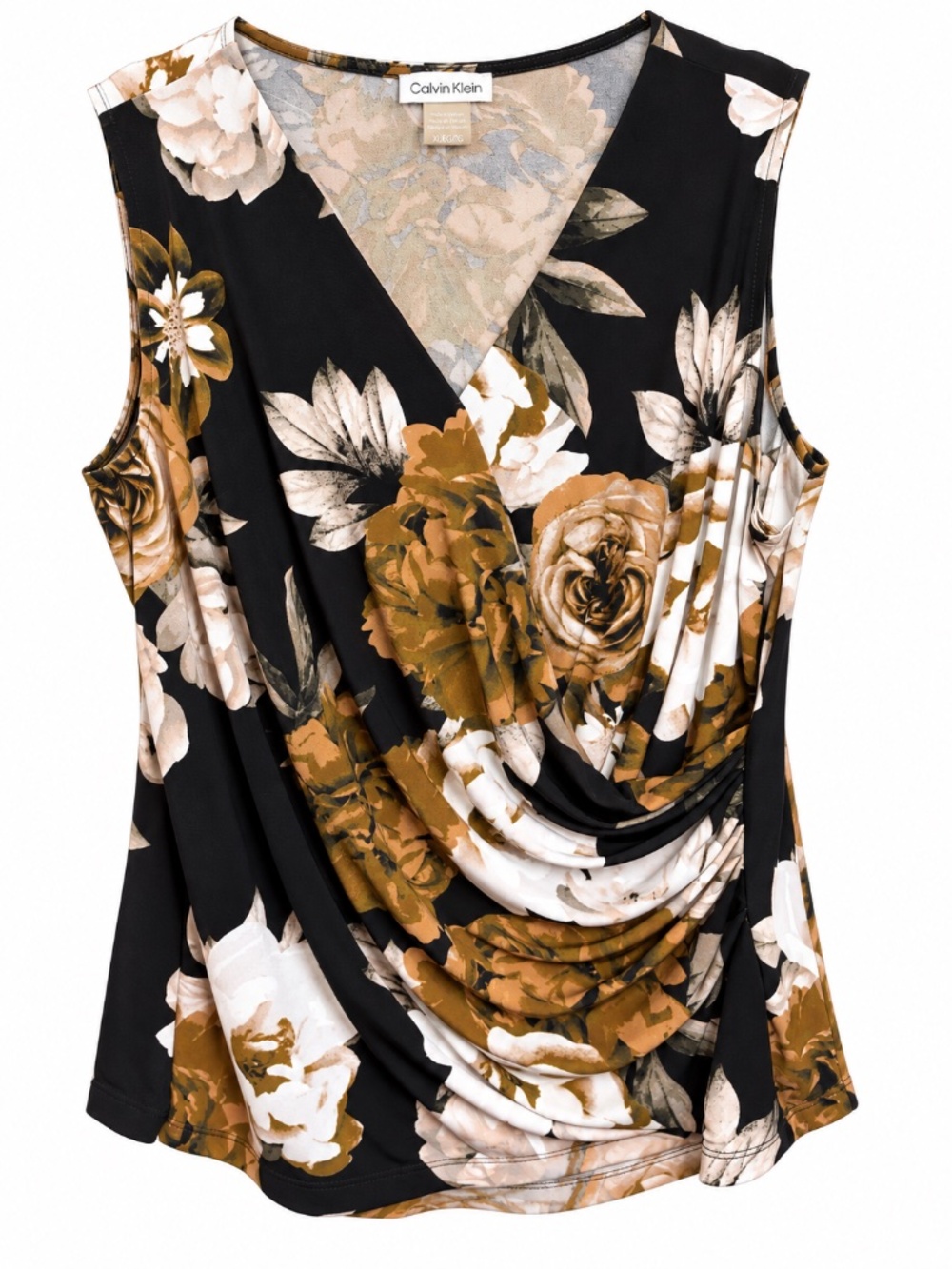 Calvin Klein - Black Floral Draped Crossover Sleeveless Top - XL